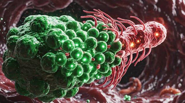 An artistic rendering of a microscopic view of a bacteria attacking a cluster of cells.