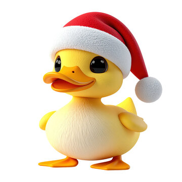 Adorable cartoon duckling wears a festive red and white winter hat, clipart, isolated on a transparent background.