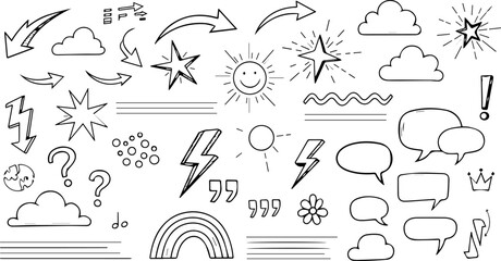 A set of handdrawn doodle elements, including arrows, clouds, stars, and speech bubbles, perfect for adding a playful touch to your designs isolated on