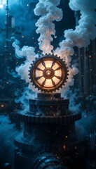 Steampunk-style mechanical gear emitting steam within a dark industrial fantasy environment.
