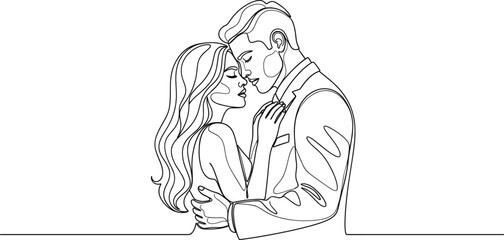 Continuous Single Line Art Drawing of Romantic Couple Embracing, Symbolizing Love, Wedding, and Affection Vector.