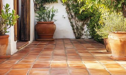 Fototapeta premium Rustic terracotta patio with potted plants and sunlight