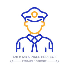 Police officer pixel perfect two color line icon. Policeman in uniform with cap. Serviceman protecting law bicolor outline symbol. Duotone linear pictogram. Isolated illustration. Editable stroke