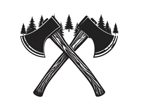 Crossed axes with forest background emblem design, rustic lumberjack symbol