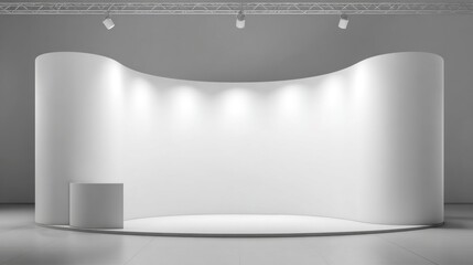 A clean, minimalistic exhibition space with curved walls and soft lighting, perfect for showcasing art or products.