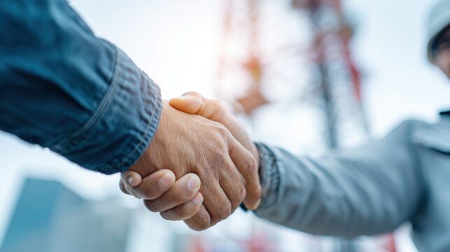 Two hands shaking in a professional setting, symbolizing agreement and collaboration, with construction elements blurred in the background.