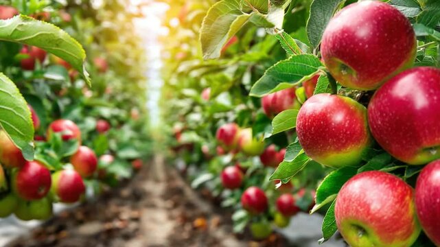 Close-up of red apples on branches, in orchard rows, with sunlight shining