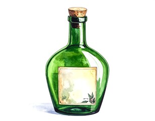 Watercolor depiction of a green glass bottle with a cork stopper
