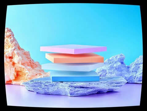 A surreal still life arrangement featuring stacked pastel colored geometric shapes and textured natural elements against a vibrant blue backdrop.