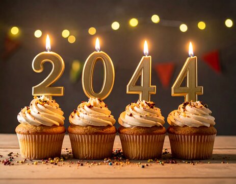 Cupcakes with gold numeral candles celebrating the year 2044 on wooden table