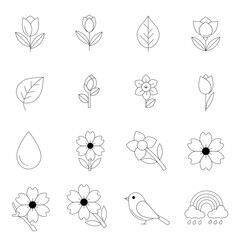 Spring Flower and Nature Line Icon Set — Floral Outline Elements for Seasonal Design