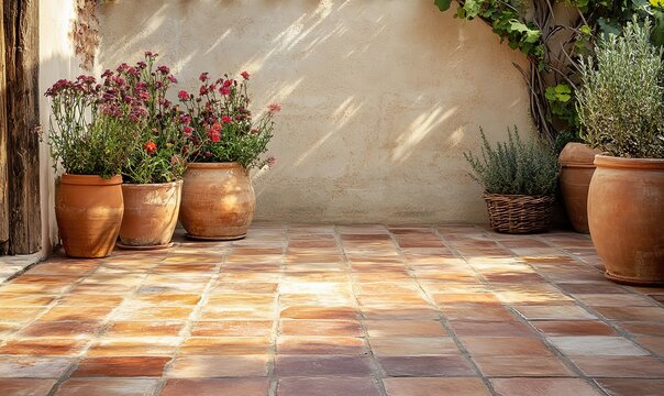 Mediterranean patio terracotta tiles, potted plants
