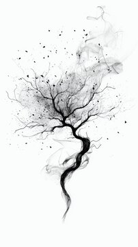 A stylized, dark tree silhouette emerges from swirling smoke and scattered particles against a stark white backdrop.