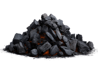 A realistic pile of dark charcoal briquettes with glowing embers on transparent background