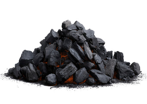 A realistic pile of dark charcoal briquettes with glowing embers on transparent background