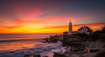 Stunning coastal sunset with lighthouse and vibrant sky over rocky shoreline
