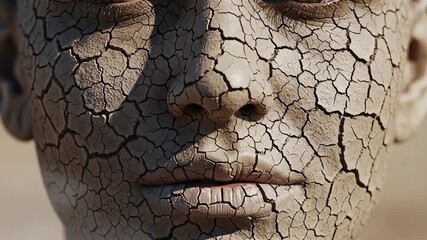 Closeup of a human face with dry, cracked earth texture covering the skin, symbolizing drought and environmental distress