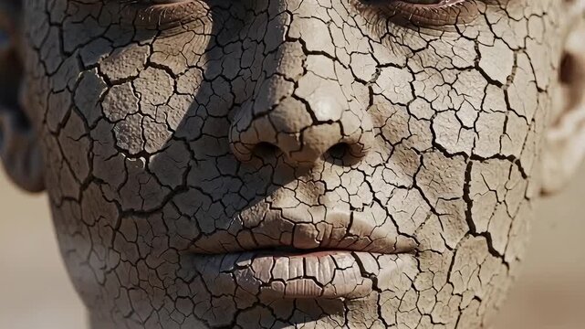 Closeup of a human face with dry, cracked earth texture covering the skin, symbolizing drought and environmental distress