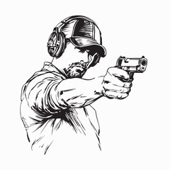 Athlete in Headphones and Cap Aiming Pistol Vector on white background