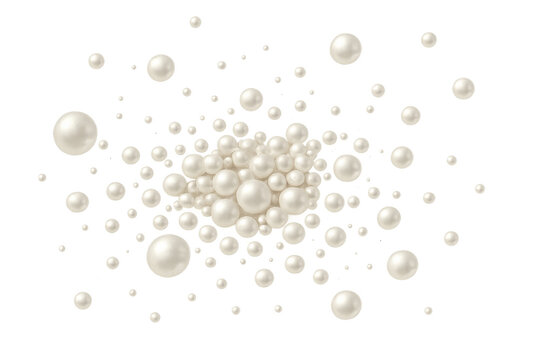 Elegant white pearls scattering and floating, luxury jewelry, precious sphere beads, precious treasure, transparent background