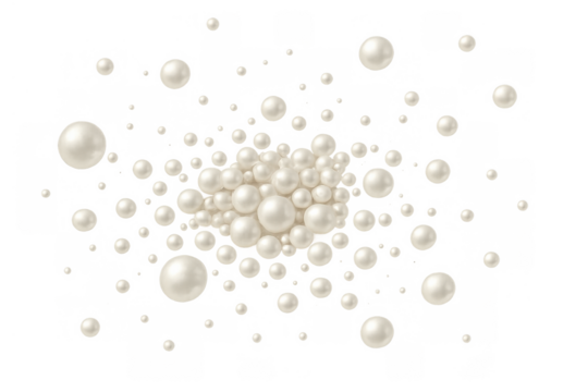 Elegant white pearls scattering and floating, luxury jewelry, precious sphere beads, precious treasure, transparent background