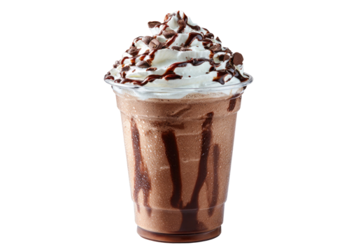 Delicious chocolate frappe with whipped cream and chocolate drizzle on transparent background