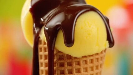A delicious scoop of ice cream melting with chocolate sauce on a cone, offering a sweet treat Stock Video