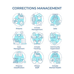 Corrections management soft blue concept icons. Criminals punishment and rehabilitation processes. Prisons control. Icon pack. Vector images. Round shape illustrations for website. Abstract idea