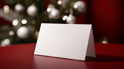 Blank Christmas Card Mockup on Red Table with Decorated Tree