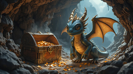 Naklejka premium Baby dragon guarding his treasure hoard within a mystical cave realm