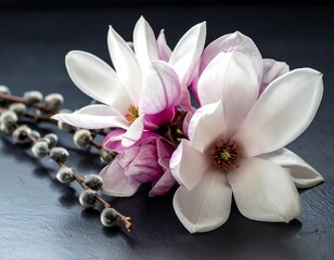 Delicate close-up of blooming flowers, soft pink petals against a dark, textured background