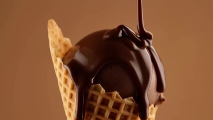 Close-up shot of a scoop of ice cream in a waffle cone being drizzled with rich chocolate sauce, a delicious treat. The image evokes feelings of indulgence and the simple joys of life. Stock Video