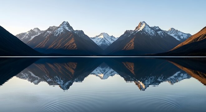 A serene mountain landscape with snow-capped peaks reflected perfectly in a calm lake under a clear sky during daytime