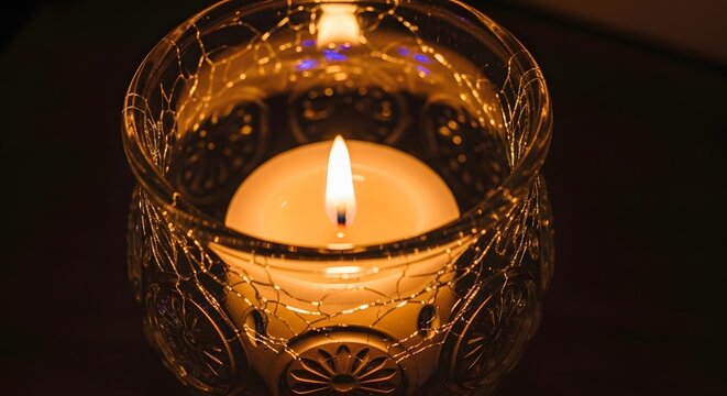 A lit candle inside an ornate glass holder with intricate patterns, casting a warm glow and creating a cozy, peaceful ambiance in a dimly lit setting
