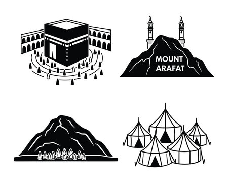 Kaaba mount arafat minas tents hajj pilgrimage vector illustration icons