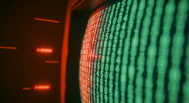 Intricate display of data and information on an old-fashioned computer screen, bathed in the red glow of a dimly lit room, creating a sense of anticipation and mystery.