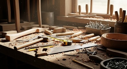 Overhead View of Cluttered Woodworking Workbench with Hand Tools and Sawdust