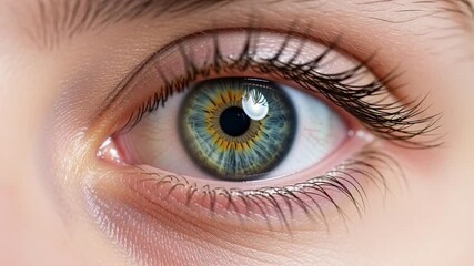Mesmerizing close-up of a vibrant human eye with a striking blue-green iris and detailed eyelashes, reflecting light and depth, symbolizing vision and perception - Powered by Adobe