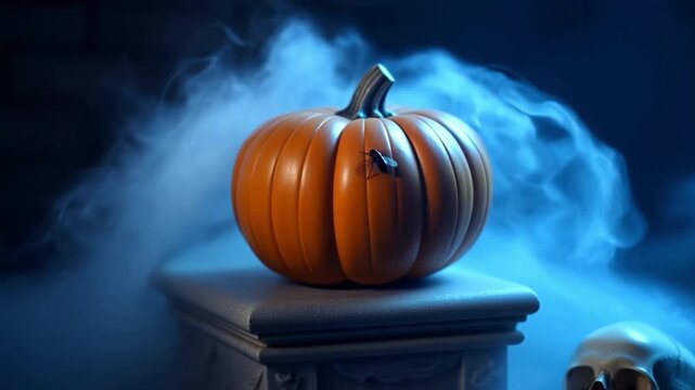 A Halloween pumpkin sits on a stone base, with a dark and mysterious atmosphere. There's a skull in the frame Stock Video