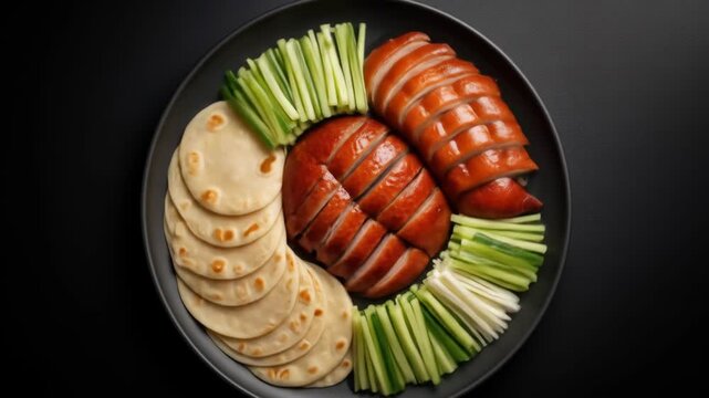 Sliced duck on black plate with pancakes and cucumber sticks, eye-level