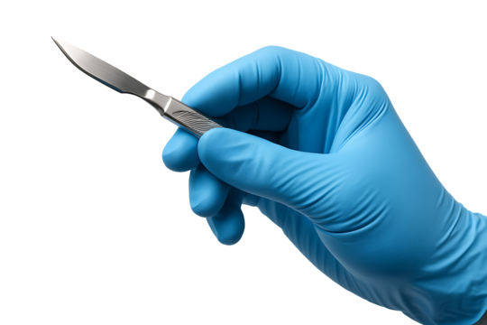 Close‑up of blue nitrile glove gripping sharp surgical scalpel, hospital operating room concept with clean sterile hygiene and accuracy