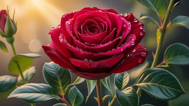 Close-up of a vibrant red rose with dew drops - Powered by Adobe