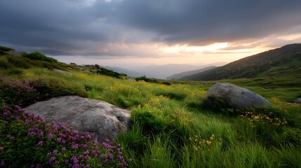 A dramatic sunset casts golden light over a mountain meadow with vibrant wildflowers under stormy skies