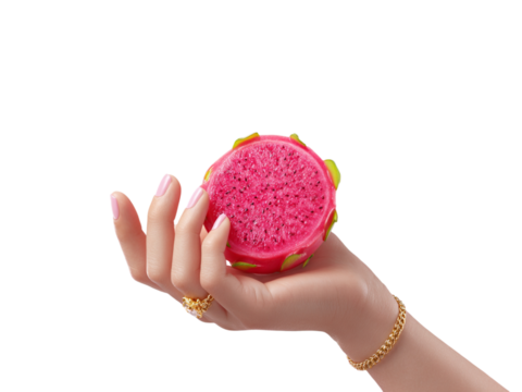 Hand holding fresh cut dragon fruit tropical diet