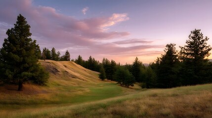 Obraz premium A peaceful sunset casts warm golden and purple hues across rolling grassy hills dotted with pine trees under a soft twilight sky