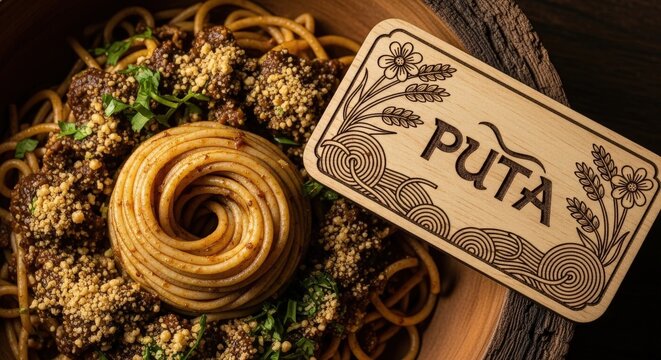 Puta with Noodle Swirl &ndash; Juniper Wood &lsquo;PUTA&rsquo; Plaque in Dzongkha, Buckwheat Flower & Noodle Coil Motifs 