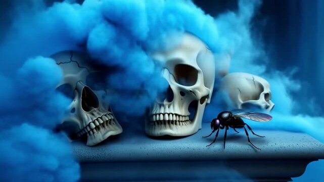 An artistic composition featuring skulls surrounded by blue smoke, with an insect nearby Stock Video