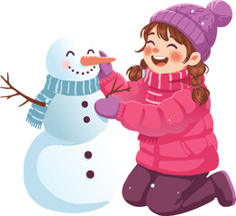 Cute Girl Building a Snowman Winter Illustration