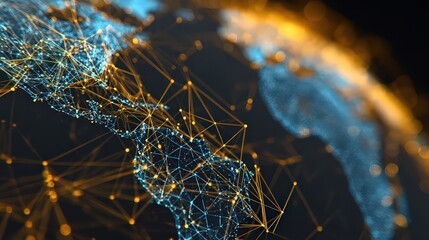 Abstract Digital Globe Depicting Connected Networks with Blue and Orange Glowing Dots on Black Background