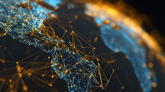 Abstract Digital Globe Depicting Connected Networks with Blue and Orange Glowing Dots on Black Background